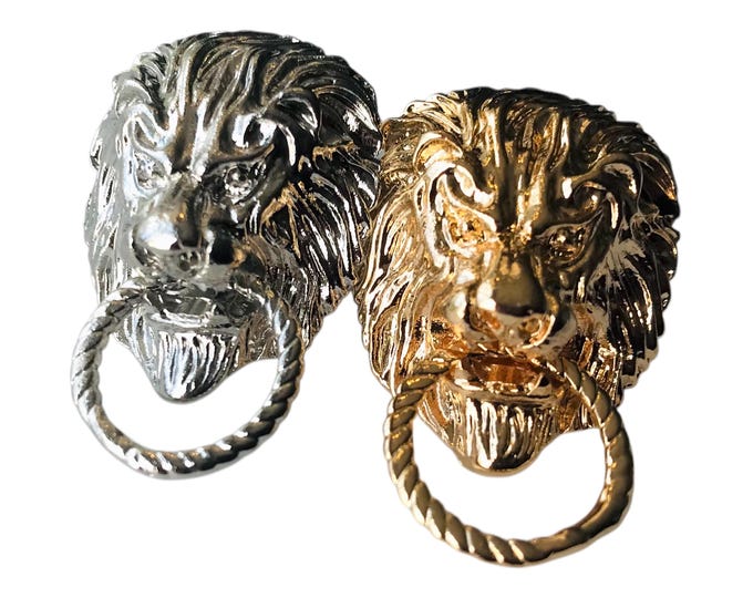 Lapel or Hat Pin, Miniature Door Knocker, Gold or Silver Tone, Detailed Design, Lions Head with Full Mane and Ring, Polished Shiny Finish,