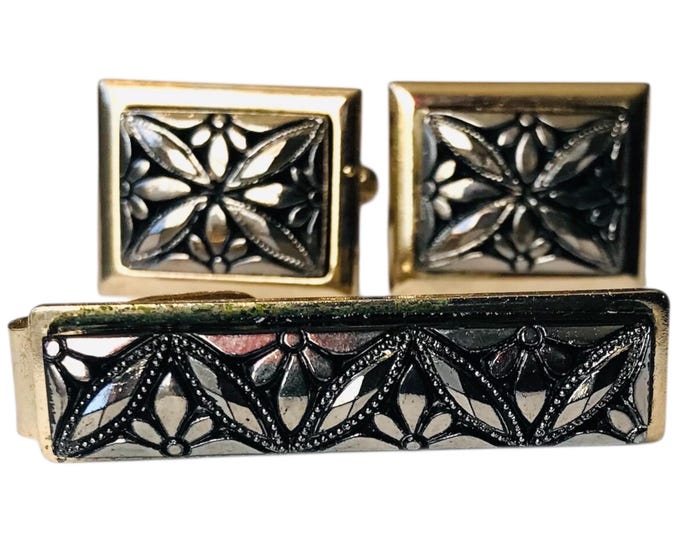 Retro Tie Clip Cuff Link Set, SilverTone Cufflink Face with Deco Textured Leaf Pattern on GoldTone Base, Handsome Groom Retro Gift