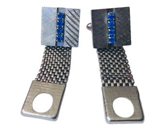 Smart 70s Vintage SilverTone Cufflinks, Square Shaped, Pattern Detail, Row of Blue Crystals, Woven Mesh Chain Wrap Feature, Groom Cufflinks