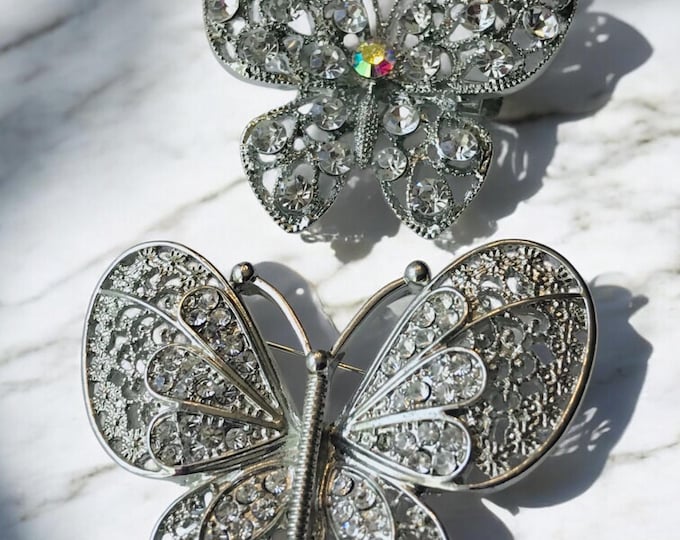 Beautiful Butterfly Pins Set, Two Rhinestone Pin, Modern Butterfly Brooch Pins, Scarf Pins, Bling Crystal Pins, Thoughtful Jewelry Gift