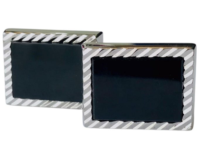 Handsome Onyx Cuff Links, Black & SilverTone Cufflinks by Roundtree And Yorke®, Rectangular Classic Minimalist Cufflinks, Menswear Essential