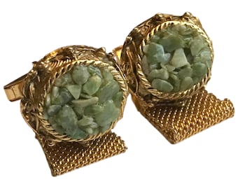 Petite Jade Nuggets Vintage Cufflinks, Mid Century Modern Cufflinks, Jade and Gold-Tone Wrap Cuff Links,