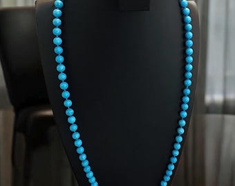Vintage Imperial Jasper Beaded Necklace, Uniform Knotted Beads, Natural Stone, Aqua Cyan Blue, Elegant Teal Necklace