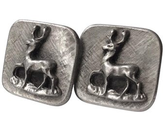 Vintage Wildlife Theme Cufflinks, Elk, Deer, Antelope Retro Rustic Square Cufflinks, Mid Century Modern SilverTone Gray Square Cuff Links