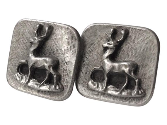 Vintage Wildlife Theme Cufflinks, Elk, Deer, Antelope Retro Rustic Square Cufflinks, Mid Century Modern SilverTone Gray Square Cuff Links
