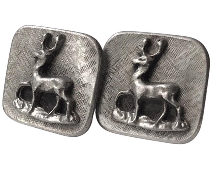 Vintage Wildlife Theme Cufflinks, Elk, Deer, Antelope Retro Rustic Square Cufflinks, Mid Century Modern SilverTone Gray Square Cuff Links