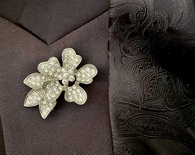 Vintage Floral Brooch Pin, Something Old Something Retro, Glamour Bride Gift, Rhinestone Flower