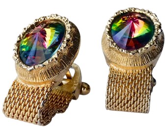 Oval Shaped Vintage Statement Cuff Links, Multicolored Rivoli Crystal, Goldtone Alloy Base with Wrap Chain, Elegant Retro Menswear by Swank