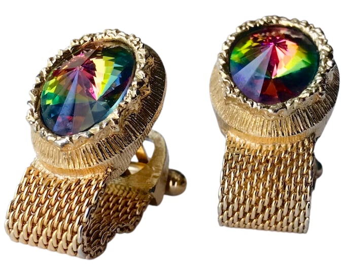 Oval Shaped Vintage Statement Cuff Links, Multicolored Rivoli Crystal, Goldtone Alloy Base with Wrap Chain, Elegant Retro Menswear by Swank