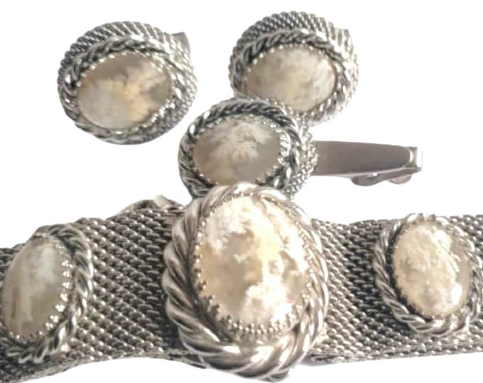Rare Vintage Set, Cufflinks Choker Tie Clip, Beige White Silver-tone, Faux Marble Cabochon, Ultra Formal, Extra Groovy, Rock Star Jewelry