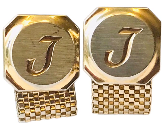 Monogram J Cufflinks, Mid Century Cuff Links, Combo Silver and Gold Tone, Brushed and Polished Finish, Retro Personalized Mens Formalwear,