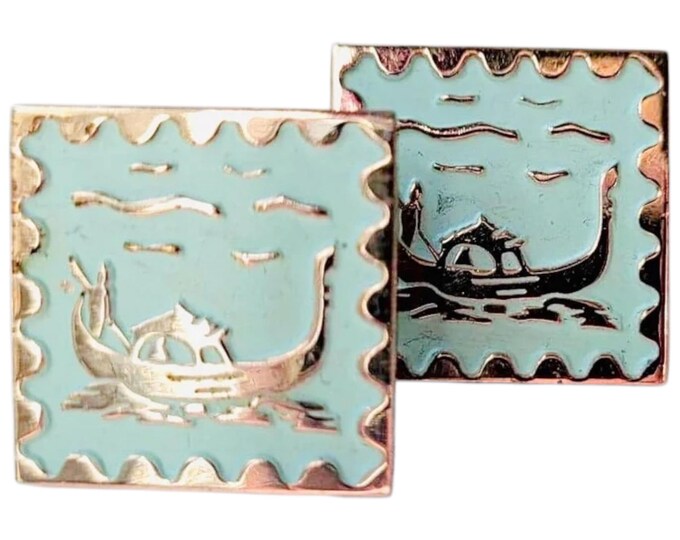 Vintage Gold-tone Cufflinks, Large Square Mid Century Retro Cufflinks, Raised Asian Boat at Sea Motif on Aqua Enamel Face,