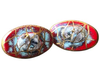 Victoria Fleming Artistic Abstract Cuff Links, Oval Ceramic Red Gold White Blue Collage, Handcrafted Retro Cufflink Design, Rare Collection