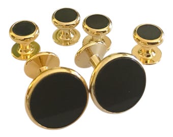 Vintage Gold-Tone and Black Traditional Round Cufflink Shirt Stud Set, Set includes 4 Shirt Studs, Polished Finish, In Original Box