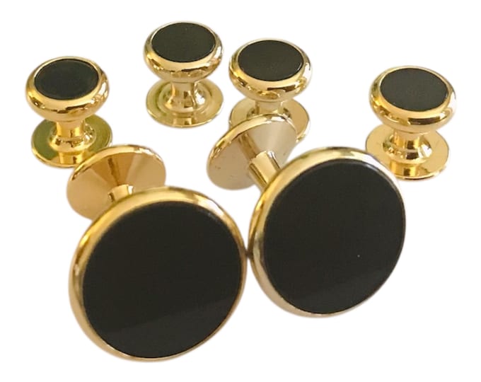 Vintage Gold-Tone and Black Traditional Round Cufflink Shirt Stud Set, Set includes 4 Shirt Studs, Polished Finish, In Original Box