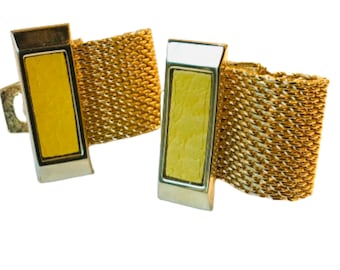 Groovy Sunshine Gold-Tone Wrap Around Vintage Cufflinks, Yellow Faux Leather Vinyl Core, Excellent Retro Prom Swag, Mid Century Mod Groom