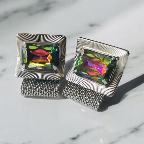 Vintage Emerald Cut Glass Cufflinks: Silvertone M… - image 8