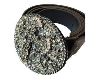 Vintage Glam Belt, Crystal Cross and Black Leather Design, By Cali Belt Co, Never Worn, Like New, With Tags, Vintage Gift,