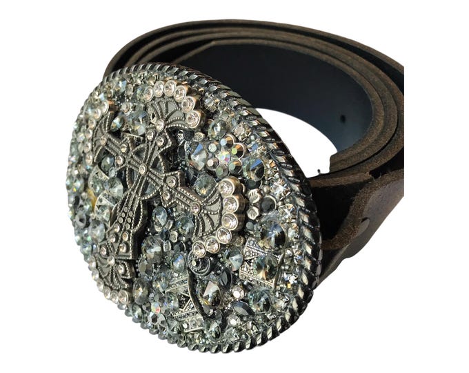 Vintage Glam Belt, Crystal Cross and Black Leather Design, By Cali Belt Co, Never Worn, Like New, With Tags, Vintage Gift,