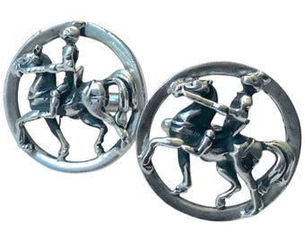 Knight on Horseback Vintage Cufflinks, Silvertone Round Cut Out Design, Mid Century Jewelry Cuff Links