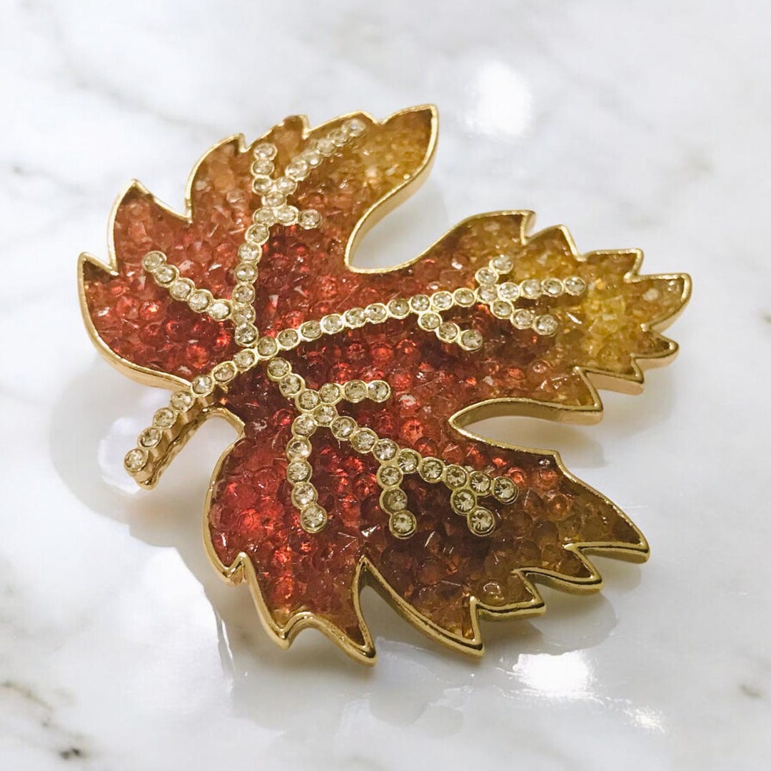 Toasty Pin Vintage Autumn Lapel Leaf Pin, Harvest Gold Toasty Spice Color Crystals ...