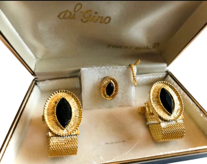 Vintage Cufflink Set, Tie Pin Cufflink Retro, Black Glass Oval Stone, Goldtone Wrap Cufflinks Tie Pin Set, Romantic Groom Gift, Original Box
