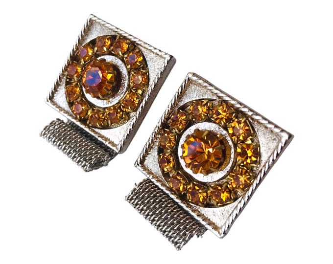 Formal Vintage Cufflinks, Retro Elegant Dark Honey Colored Multifaceted Stones, Circular Pattern on Square Silvertone Face and Wrap Chain,
