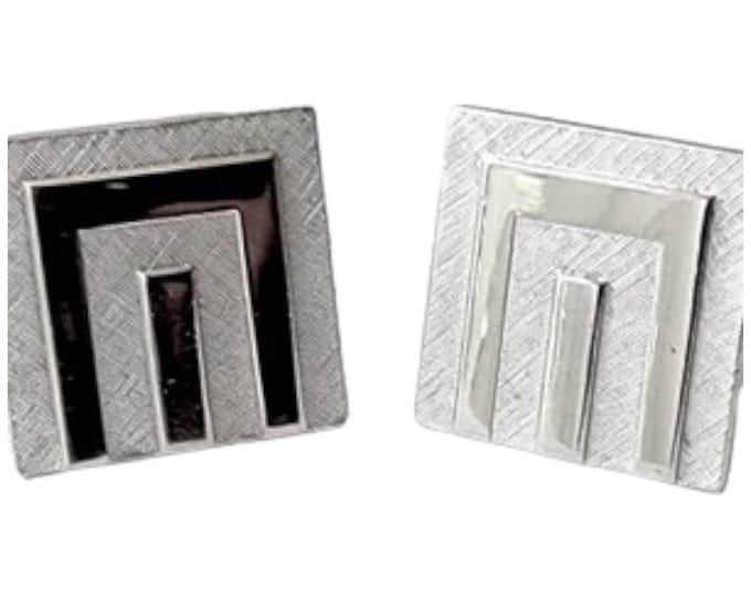 Silver-tone Square Cufflinks, Raised Pattern, Polished and Florentine Finish, Mid Century Modern, Classic Design