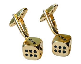 Vintage Inspired But New Cuff Links, Gamble on The Lucky Golden Dice Cufflinks, 3D GoldTone Black Matte Enamel Design, Dapper RatPack Attire