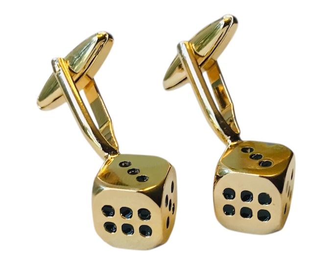 Vintage Inspired But New Cuff Links, Gamble on The Lucky Golden Dice Cufflinks, 3D GoldTone Black Matte Enamel Design, Dapper RatPack Attire