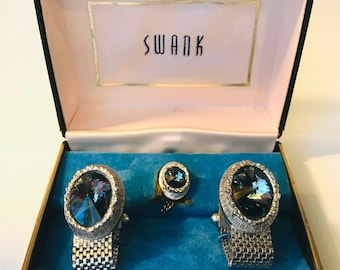 Vintage Cufflinks Silvertone Wrap Around Cufflinks Blue Stone by Swank in Original  Box Stunning Gift
