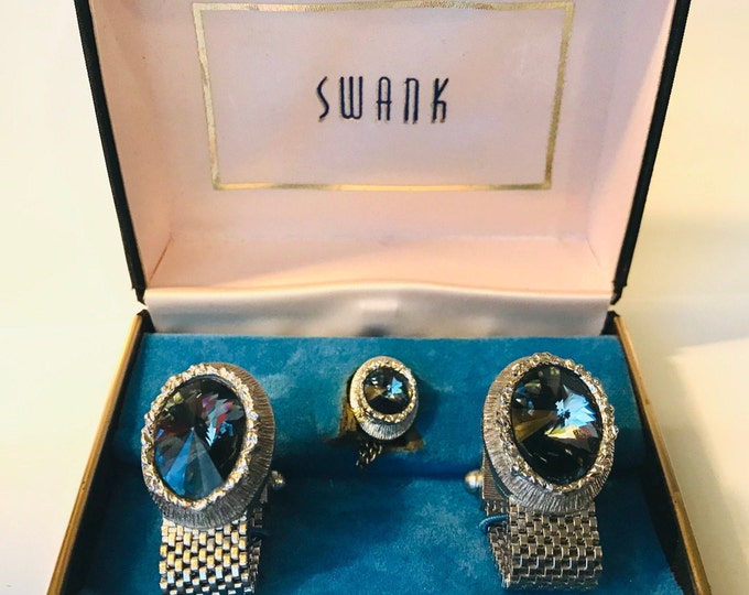 Vintage Cufflinks Silvertone Wrap Around Cufflinks Blue Stone by Swank in Original  Box Stunning Gift