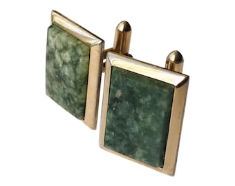 Minimalist Vintage Cufflinks, Pair of Rectangular Deep Green Jade Cufflinks in Gold-tone Frame, Classic Retro Formalwear, Prom Groom Gift