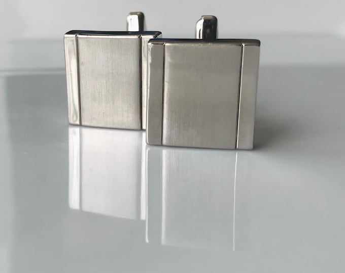 Essential Silvertone Vintage Cufflinks, Square Chunky Brushed Finish Minimalist Cuff Links, Classic Mid Century Cufflinks, Formal Event Wear