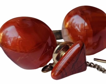 Agate Cabochon Vintage Cufflinks with Tie Pin, Natural Stone Dark Warm Rust Colors, Unique Retro Wedding Prom Cufflinks