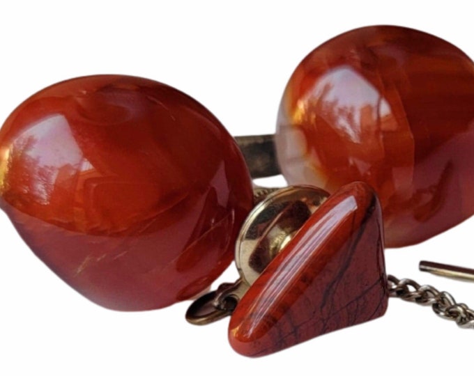 Agate Cabochon Cufflinks with Tie Pin