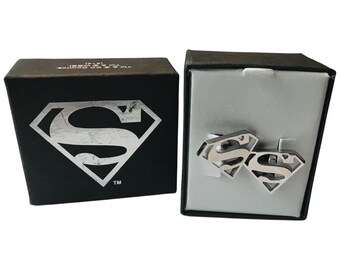 Superman Cufflinks, Signed DC Comics Superman Shield Emblem, Silver Plate, Stainless Cutout Design, Pre-owed Original Box, Super Hero Gift
