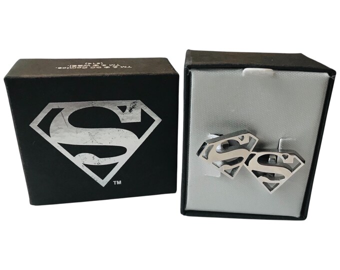 Superman Cufflinks, Signed DC Comics Superman Shield Emblem, Silver Plate, Stainless Cutout Design, Pre-owed Original Box, Super Hero Gift