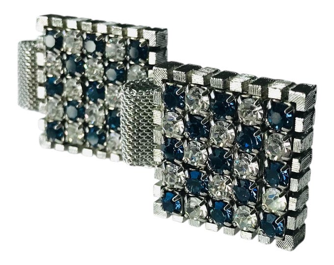 Checkers Vintage Cufflinks Ultra Swag, Silver-tone Blue White Rhinestone Cuff Links, 70s-80s Retro Menswear, Something Blue Fairytale Groom