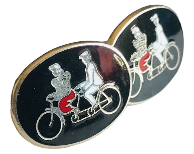 Romantic Vintage Tandem Bicycle Built 4 Two Cuff Links, Oval Shape Black Enamel on Gold-tone, Mid Century Whimsical Cufflink Formal Menswear