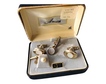 Vintage Cuff Link Formal Accessory Set, Anson Gold-tone Mother of Pearl Cufflinks, Retro Tie Pin, Tie Clip, Groom Gift, Essential Formalware