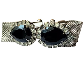 Vintage Rhinestone Clear and Black Pear Shaped Cuff Links, Wrap Chain Cufflinks, 1960s Retro Mens Fashion, Groom Tuxedo Event Swag
