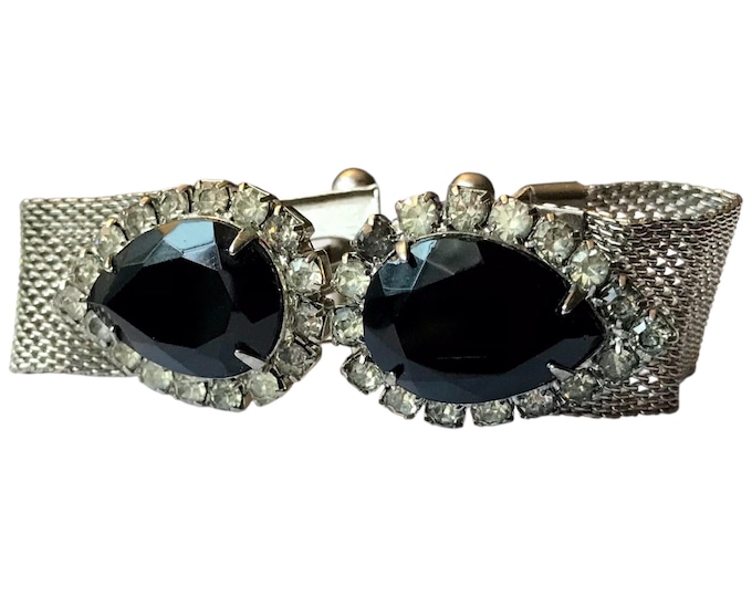 Vintage Rhinestone Clear and Black Pear Shaped Cuff Links, Wrap Chain Cufflinks, 1960s Retro Mens Fashion, Groom Tuxedo Event Swag
