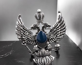 Noble Crest Lapel Pin, SilverTone Double-Headed Crowned Eagles Royal Scepter and Orb, Preppy New Item Never Worn with Vintage Antique Design