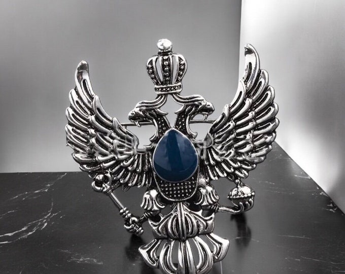 Noble Crest Lapel Pin, SilverTone Double-Headed Crowned Eagles Royal Scepter and Orb, Preppy New Item Never Worn with Vintage Antique Design