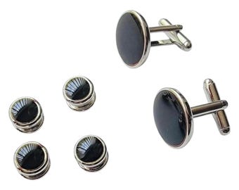 Vintage Classic Cuff Links Four Tuxedo Shirt Studs Set, Black Center, Silver-tone Casing, Original Box, Retro Menswear Tuxedo Essentials