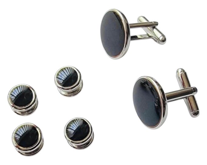 Vintage Classic Cuff Links Four Tuxedo Shirt Studs Set, Black Center, Silver-tone Casing, Original Box, Retro Menswear Tuxedo Essentials