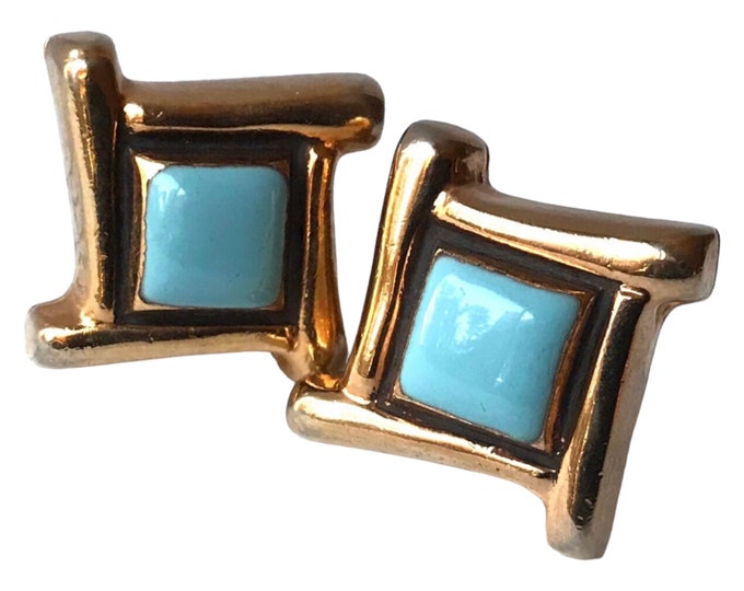 Aqua Blue Enamel and Goldtone, Vintage Cufflinks, Mid Century Modern Squares, French Cuff Accent