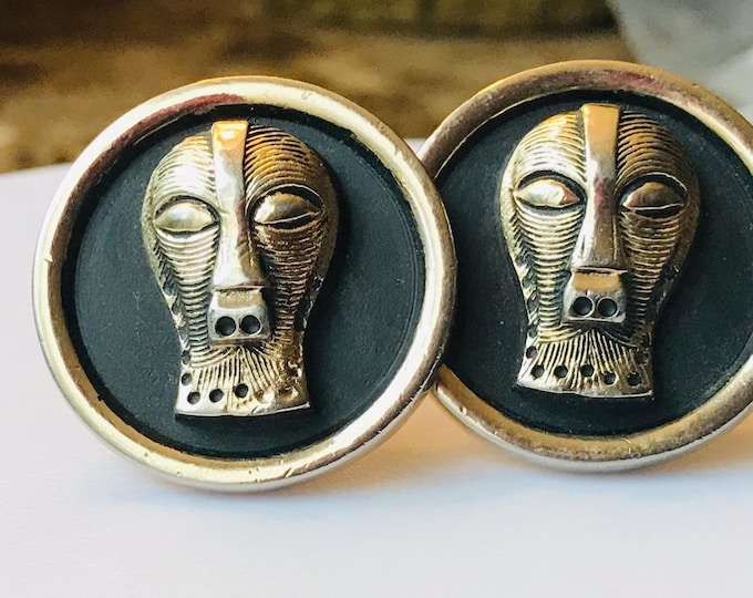 Vintage Cufflinks, African Tribal Art Cuff Links, Round Goldtone Black Enamel, Congo Art Face Motif Cufflinks