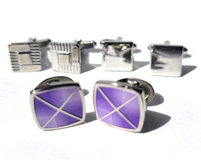 Vintage Square Cufflink Gift Set of 3, One Modern Cufflink Pair Silvertone Violet, & Two Sets Minimalist Small MidCentury Modern Cufflinks